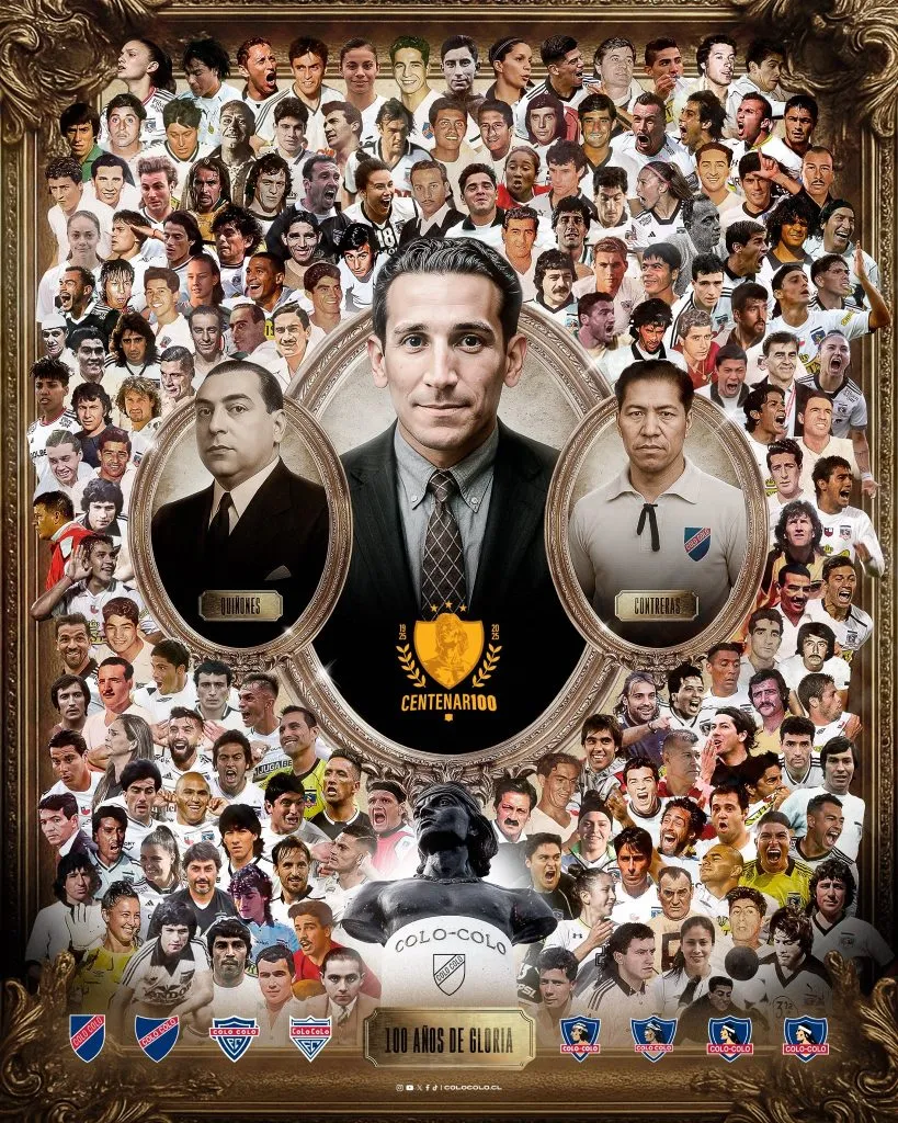 Chapa Fuenzalida aparece abajo, cerca del indio, en el póster centenario de Colo Colo