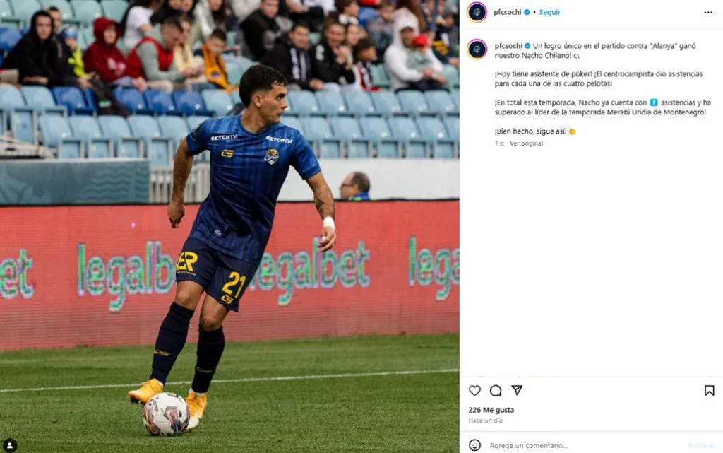Publicación de Instagram del PFC Sochi a Ignacio Saavedra.