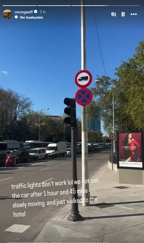 Coco Gauff muestra el caos del tráfico tras el apagón en España.