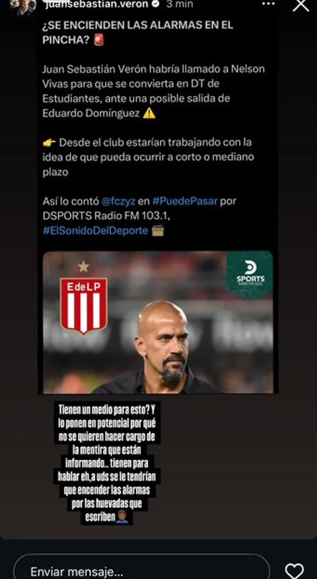 El mensaje de Verón contra los medios que aseguraron que se iba Domínguez