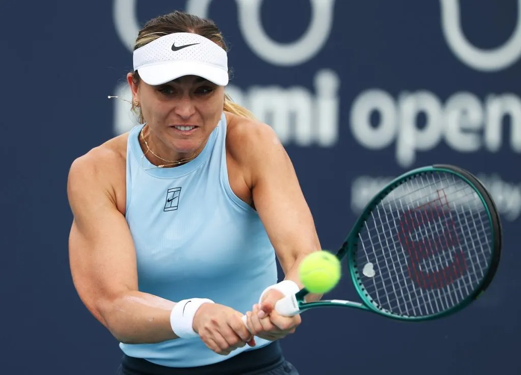 Paula Badosa en el Maters de Miami, su último torneo antes de la lesión que la dejó fuera del Madrid Open (Getty Images).