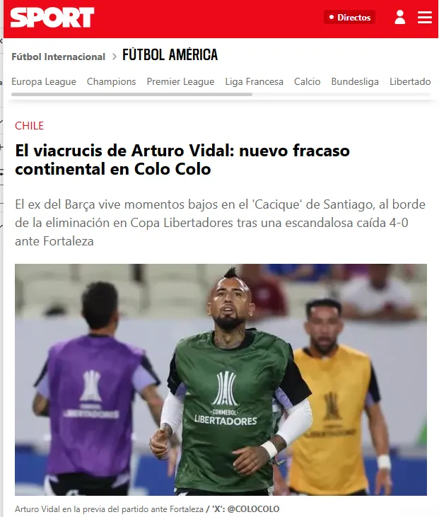 La nota de Sport detallando el duro presente de Arturo Vidal en Colo Colo.