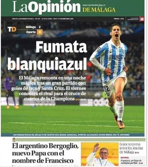 La portada en Málaga para aquella noche, que coincidió con la elección del Papa Francisco