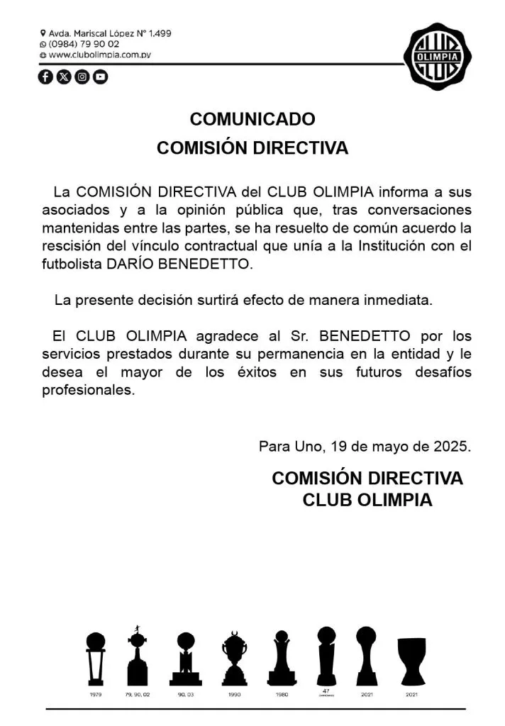 Comunicado de prensa de Olimpia.