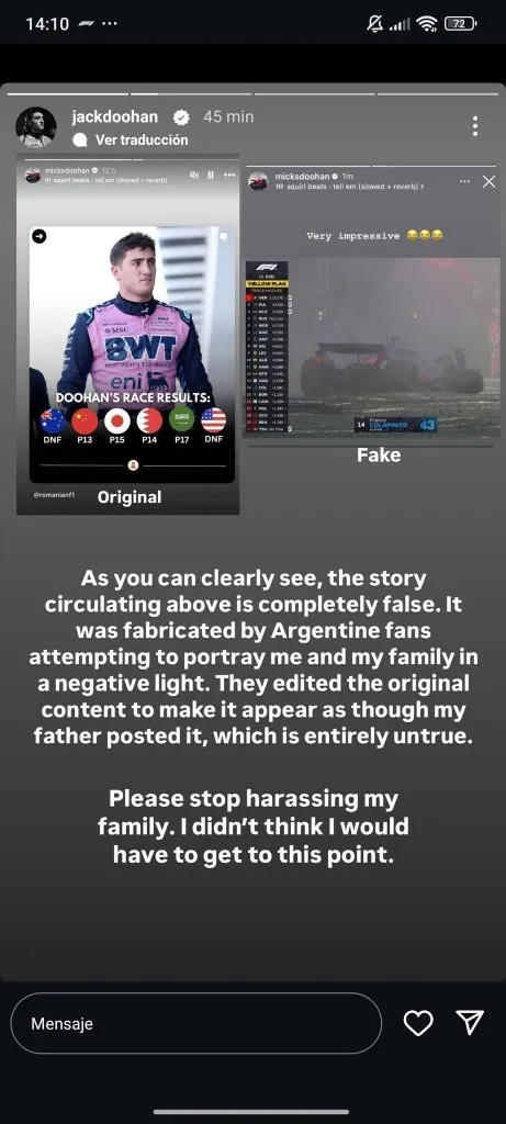 Jack Doohan aclara foto falta de su padre en Instagram.