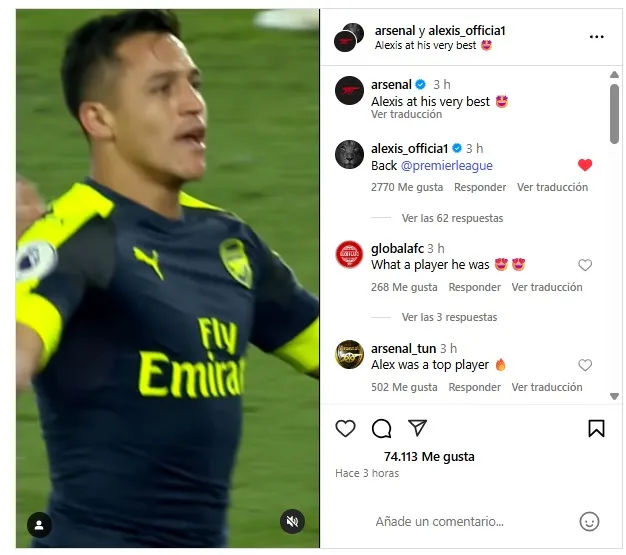 El comentario que dejó Alexis Sánchez en el Instagram de Arsenal. | Foto: Captura.