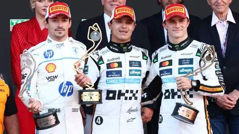 Lando Norris, Charles Leclerc y Oscar Piastri en el podio del GP de Mónaco.