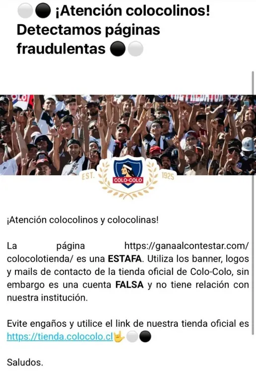 Este fue el mensaje que Colo Colo envió a sus hinchas vía correo electrónico. | Foto: Captura.