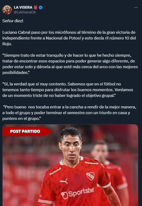 La publicación del medio partidario de Independiente que llama “Señor 10” a Luciano Cabral.