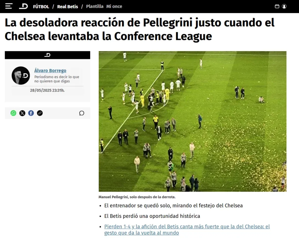 La nota de El Desmarque y un desolado Manuel Pellegrini tras el duelo del Betis contra Chelsea.