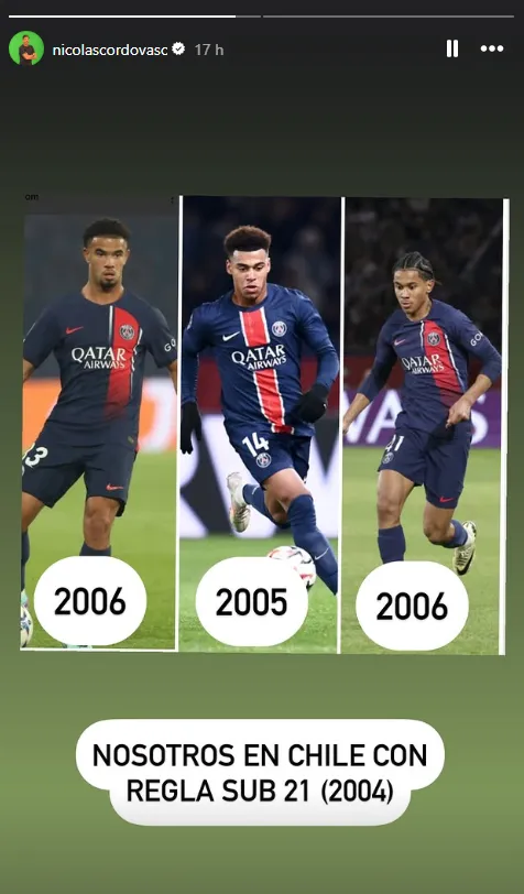 Nicolás Córdova destacó a los jóvenes campeones del PSG para reclamar contra la regla Sub 21. Foto: Instagram.