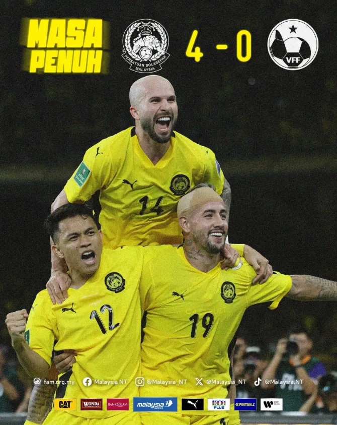 El festejo del gol de Holgado fue la foto del marcador que Malasia timbró ante Vietnam. (Foto: NT Malaysia).