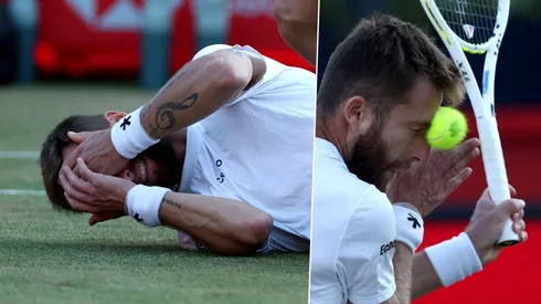 Corentin Moutet recibe un pelotazo de Taylor Fritz en la cara.