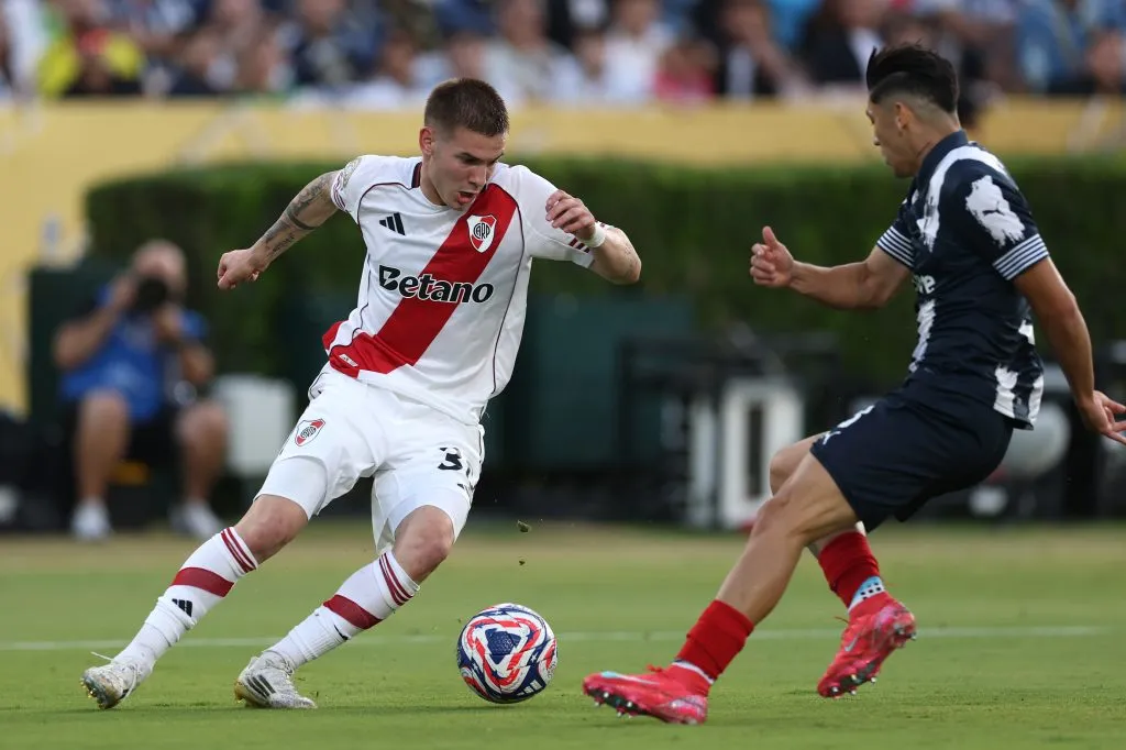 Franco Mastantuono en acción por el Mundial de Clubes ante Monterrey. (Stu Forster/Getty Images).