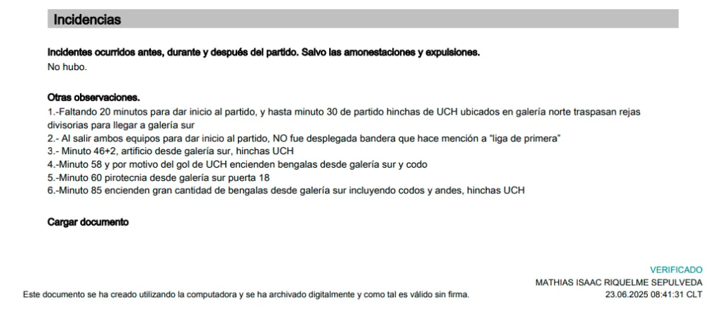 Detalle del informe arbitral de Mathias Riquelme (ANFP)