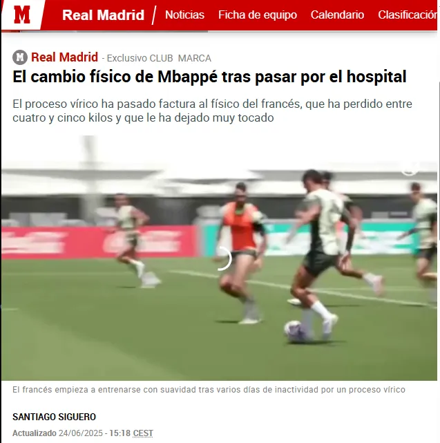 La nota que Marca publicó sobre el estado de salud de Kylian Mbappé tras su hospitalización. Foto: Captura.