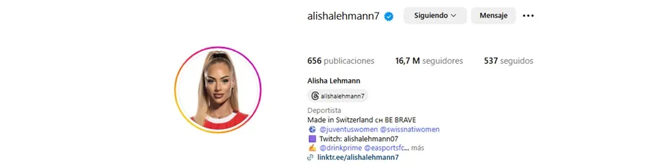 La cuenta de instagram de Alisha Lehmann con 17 millones de seguidores asoma como su principal fuente de ingreso.