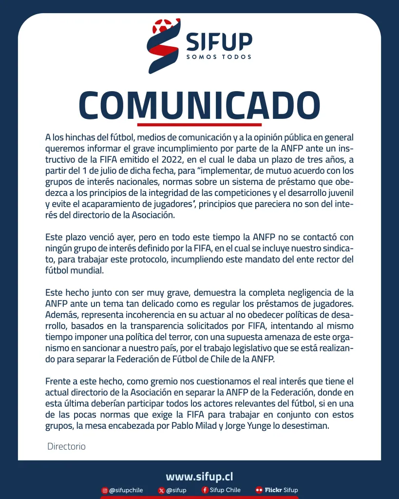 El comunicado del SIFUP contra la ANFP por la negligencia sobre el préstamo de jugadores