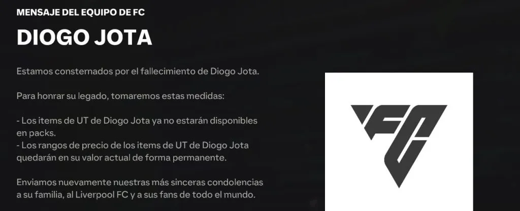 El mensaje de EA Sports en el juego EA FC 25 tras la muerte de Diogo Jota.