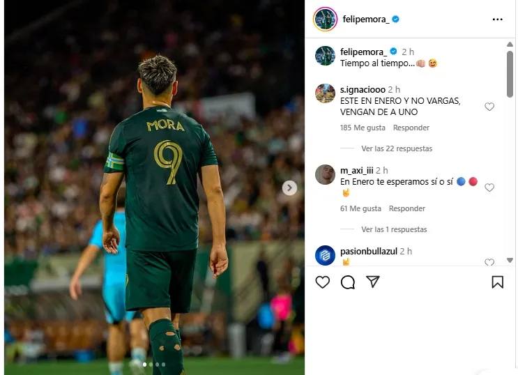 El mensaje que publicó Felipe Mora en Instagram al confirmarse que Eduardo Vargas llega a Audax Italiano. | Foto: Captura.