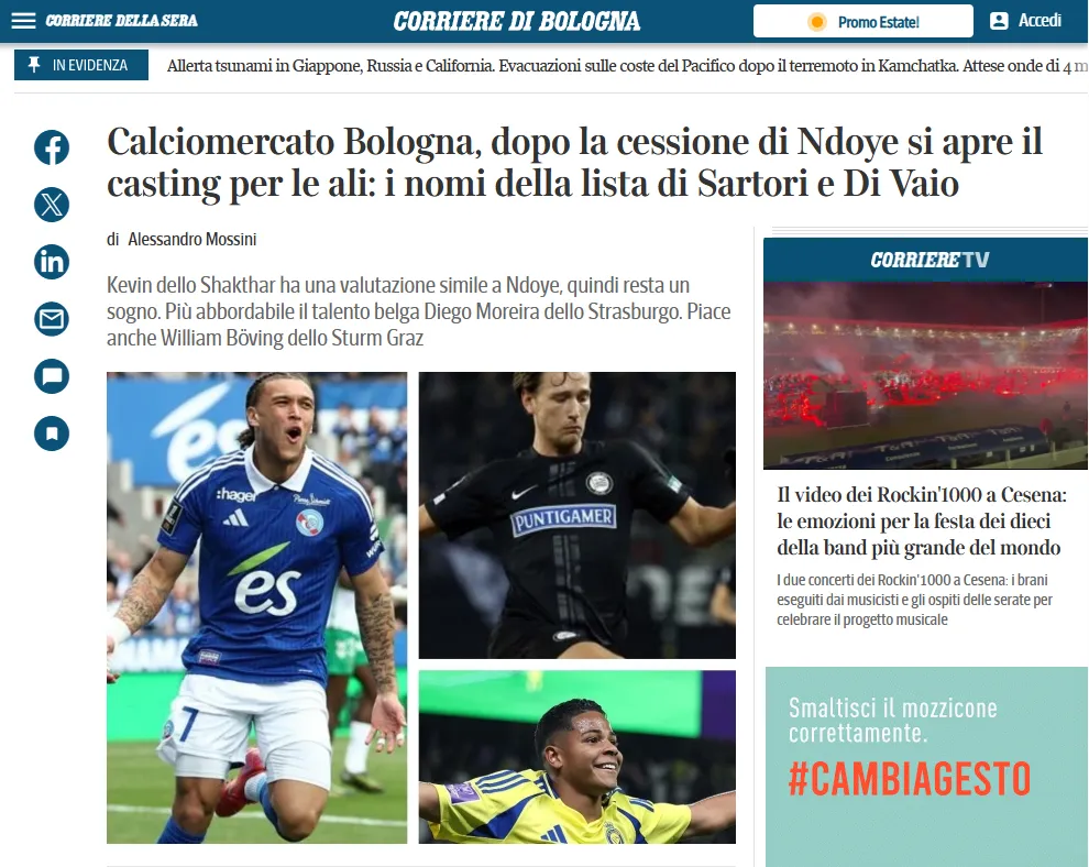 La información llega desde Italia y fue parte de la portada del Corriere di Bologna. Foto: Captura.