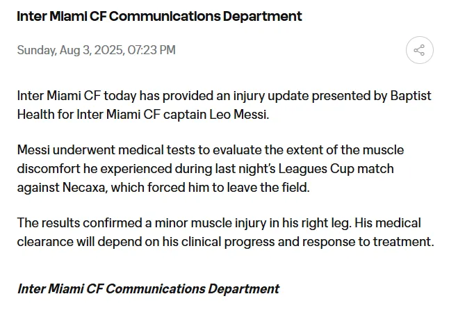 El parte médico de Lionel Messi tras la Leagues Cup. Foto: Inter Miami CF