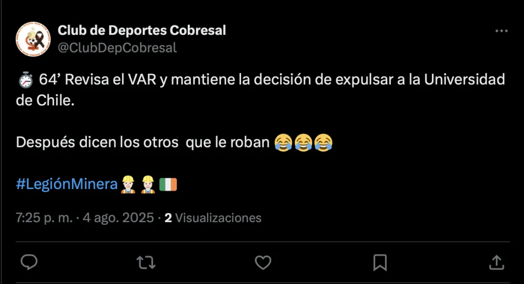 El polémico tuit de Cobresal tras expulsión que benefició a la U