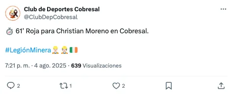 Este fue el último mensaje que publicó Cobresal sobre la expulsión de Moreno.