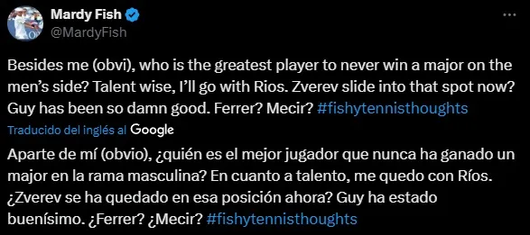 Publicación de Mardy Fish en X.