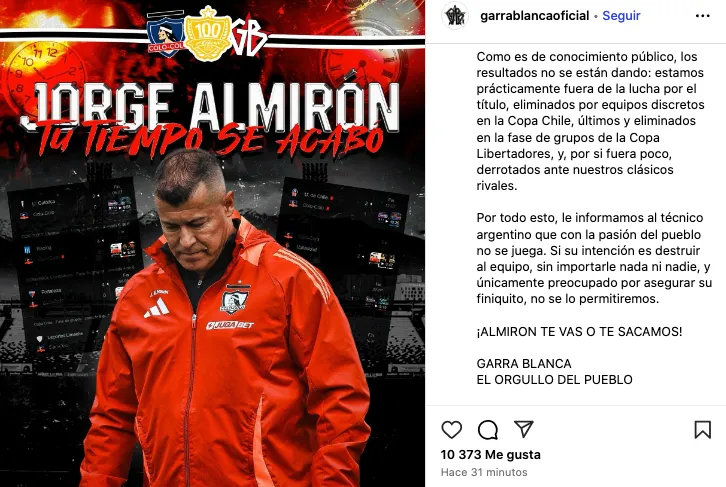 La publicación de la GB contra Jorge Almirón