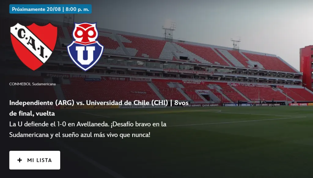 El evento que promociona Independiente vs U. de Chile fue subido a la app Disney+.