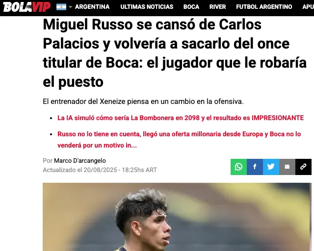 Palacios volvería a ser suplente en Boca Juniors.
