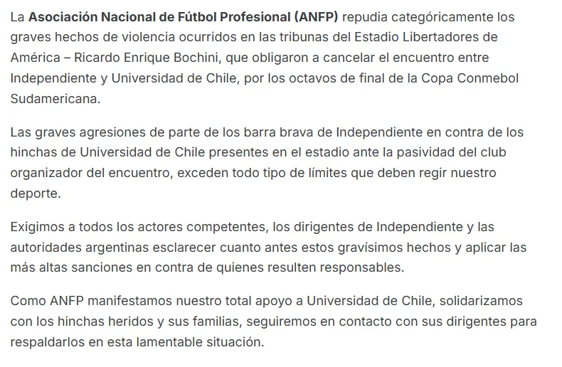 El comunicado de la ANFP tras la barbarie en Avellaneda.