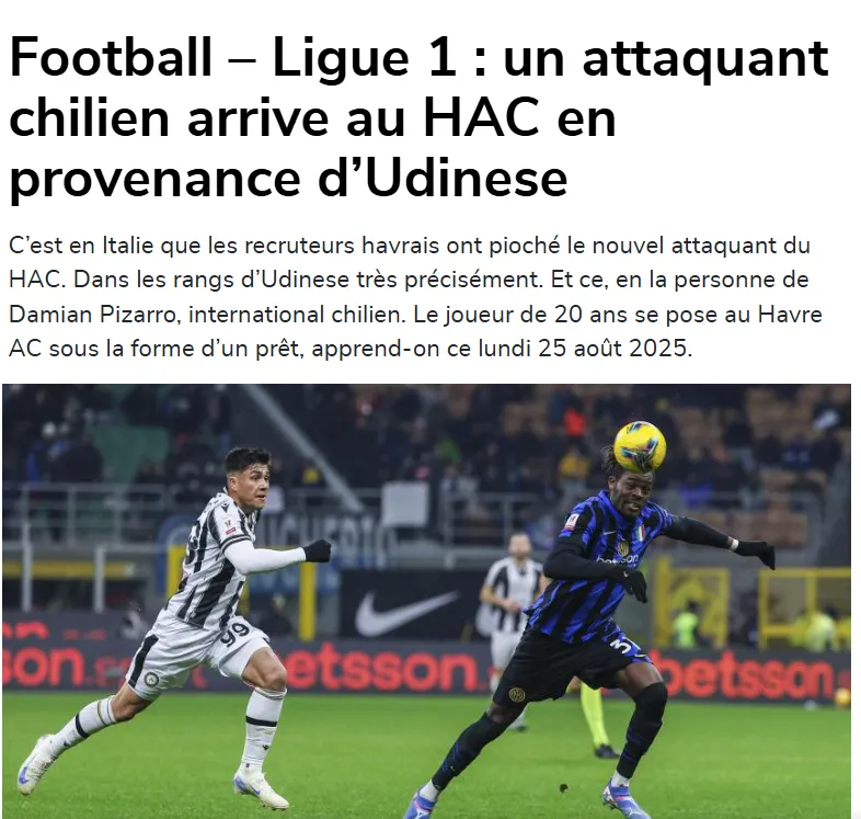 La publicación francesa que pone a Damián Pizarro en la Ligue 1. Foto: Paris Normandie.