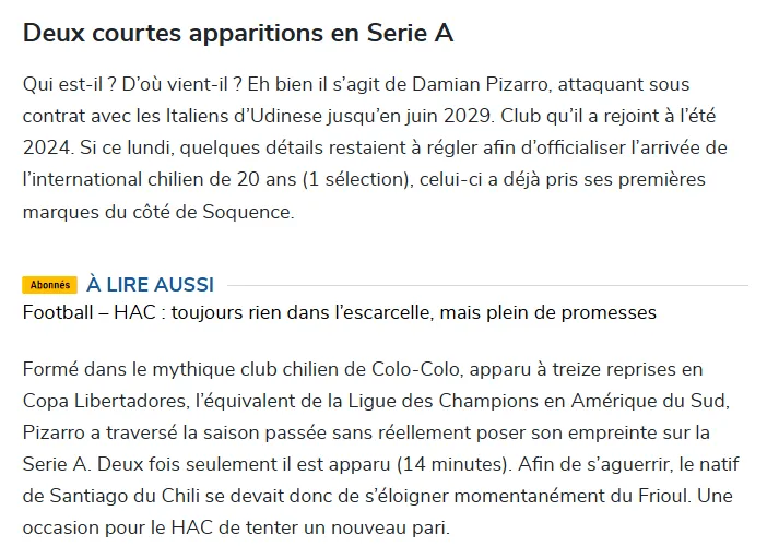 El diario francés destaca su paso por Colo Colo como también su mal presente en Udinese. Foto: Paris Normandie.