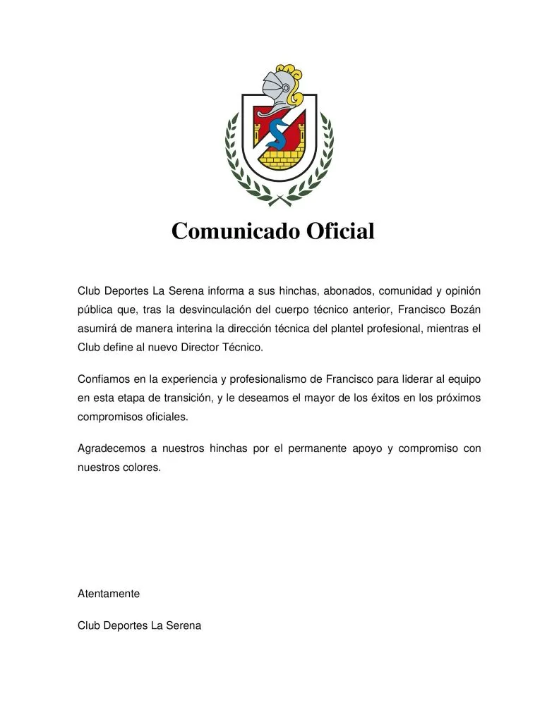 El comunicado de Deportes La Serena para anunciar su interinato.