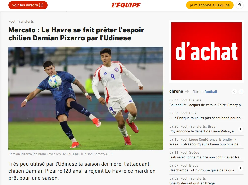 L’Equipe hablando sobre el fichaje de Damián Pizarro en Francia. Foto: Captura.