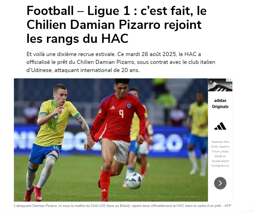 Parte de la publicación de Paris Normandie sobre el fichaje de Damián Pizarro. Foto: Captura.