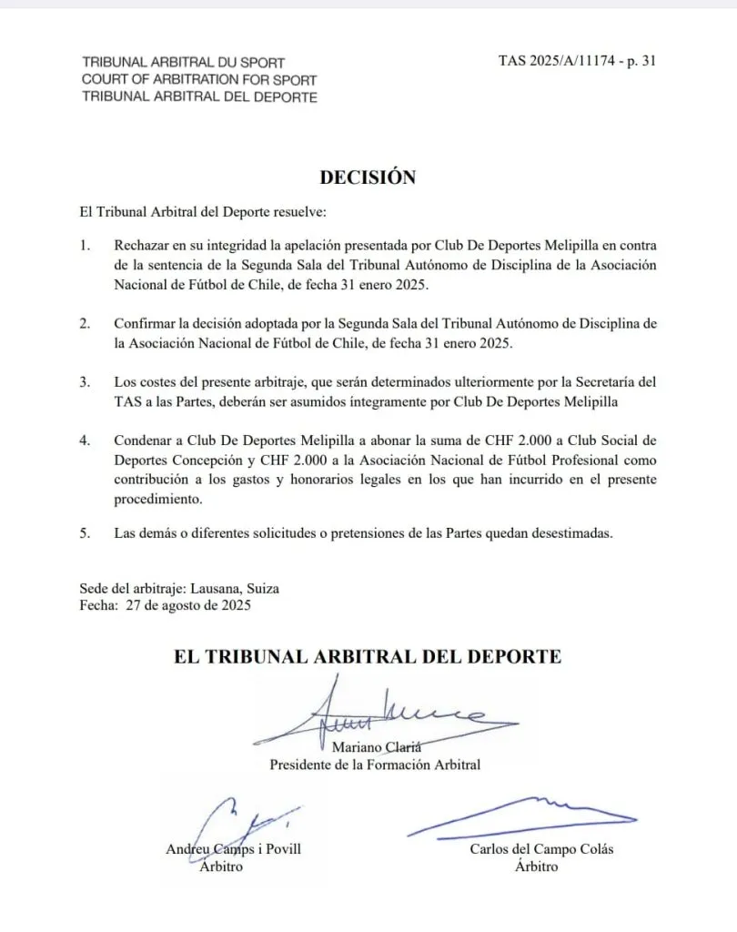 El documento del TAS sobre la decisión en el caso de Melipilla