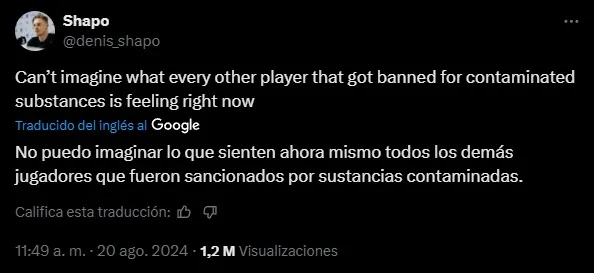 Denis Shapovalov muestra su molestia en X por el caso de Sinner.