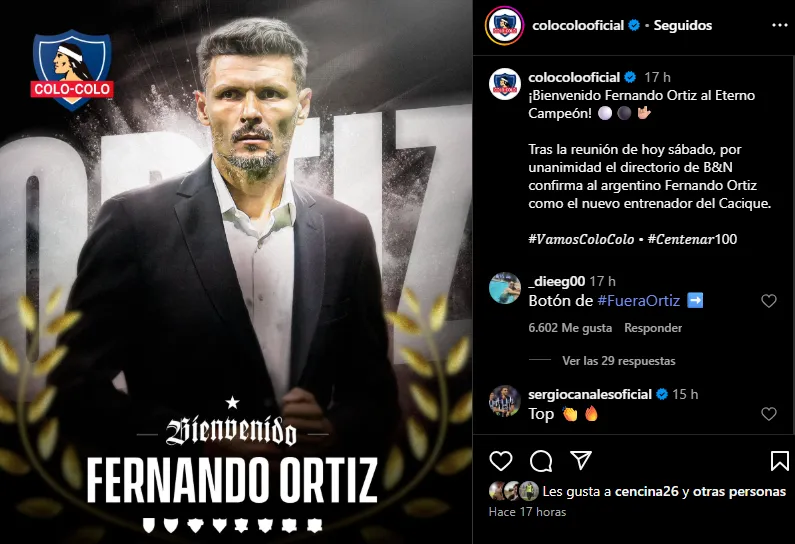 Sergio Canales aplaudió la llegada de Fernando Ortíz a Colo Colo. Foto. Instagram.