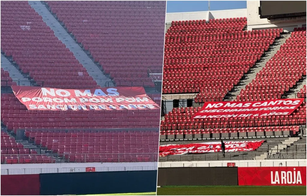 Los lienzos de “no más porom pom pom” y el “no más cantos discriminatorios”. Foto: Marco Escobar.