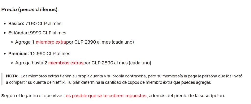 Los precios de los planes en Chile de Netflix. (Foto: Captura netflix.com)