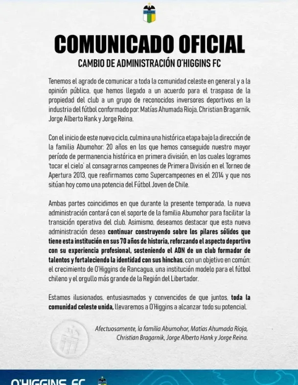 El comunicado con los nuevos dueños de O’Higgins. (Foto: O’Higgins).