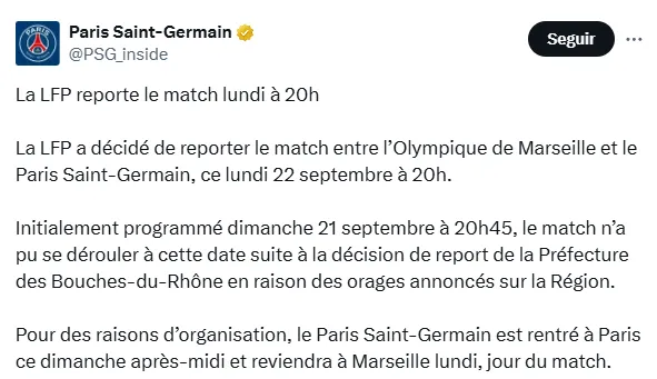 “La LFP decidió aplazar el partido” fue el mensaje del PSG tras los avisos de tormenta para el sur de Francia. Foto: Captura.