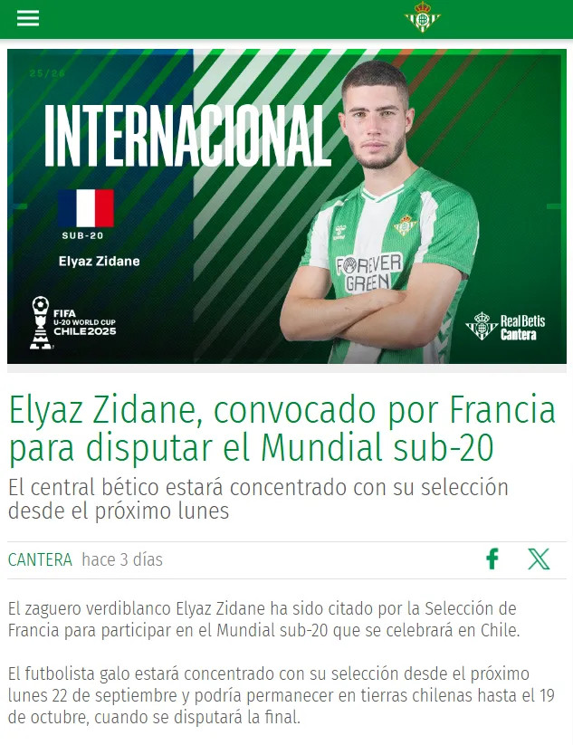 Así anunció el Betis la convocatoria de uno de sus jugadores, hijo de Zinedine Zidane. Foto: Betis.