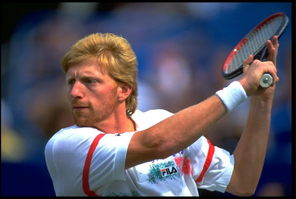 SEP 1992:  BORIS BECKER OF GERMANY PREPARES TO PLAY A BACKHAND SHOT DURING A MATCH AT THE 1992 US OPEN PLAYED AT FLUSHING MEADOWS IN NEW YORK.