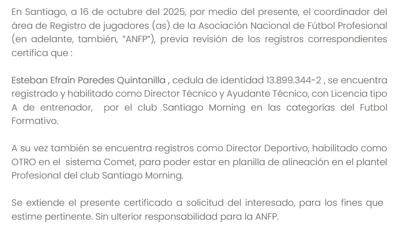 El certificado de Esteban Paredes.