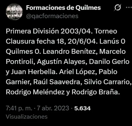 La formación del equipo en la foto anterior. (Captura Formaciones de Quilmes).