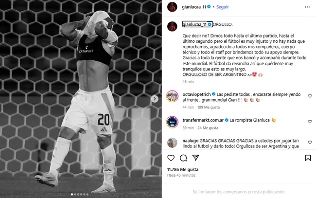 El posteo de Gianluca Prestianni tras perder en la final del Mundial Sub 20 con Argentina. | Foto: Captura.
